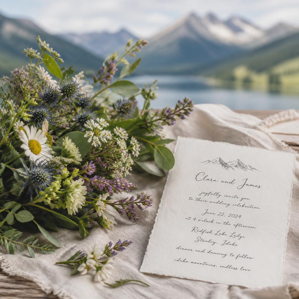 Wildflower bouquet and invitation with a mountain lake behind