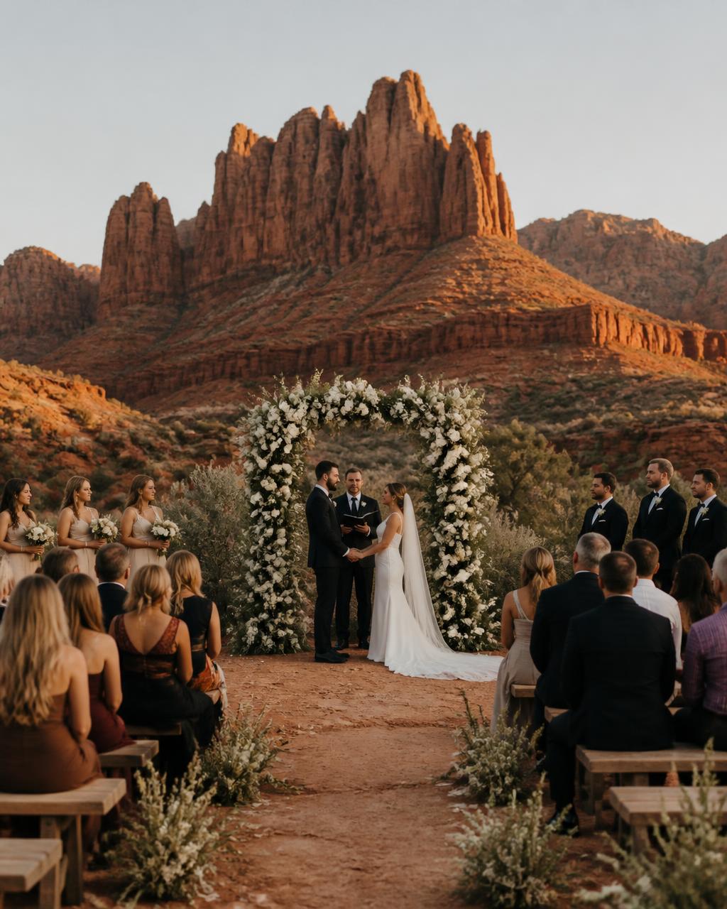 Desert ceremony with red rock cliffs and a white floral arch